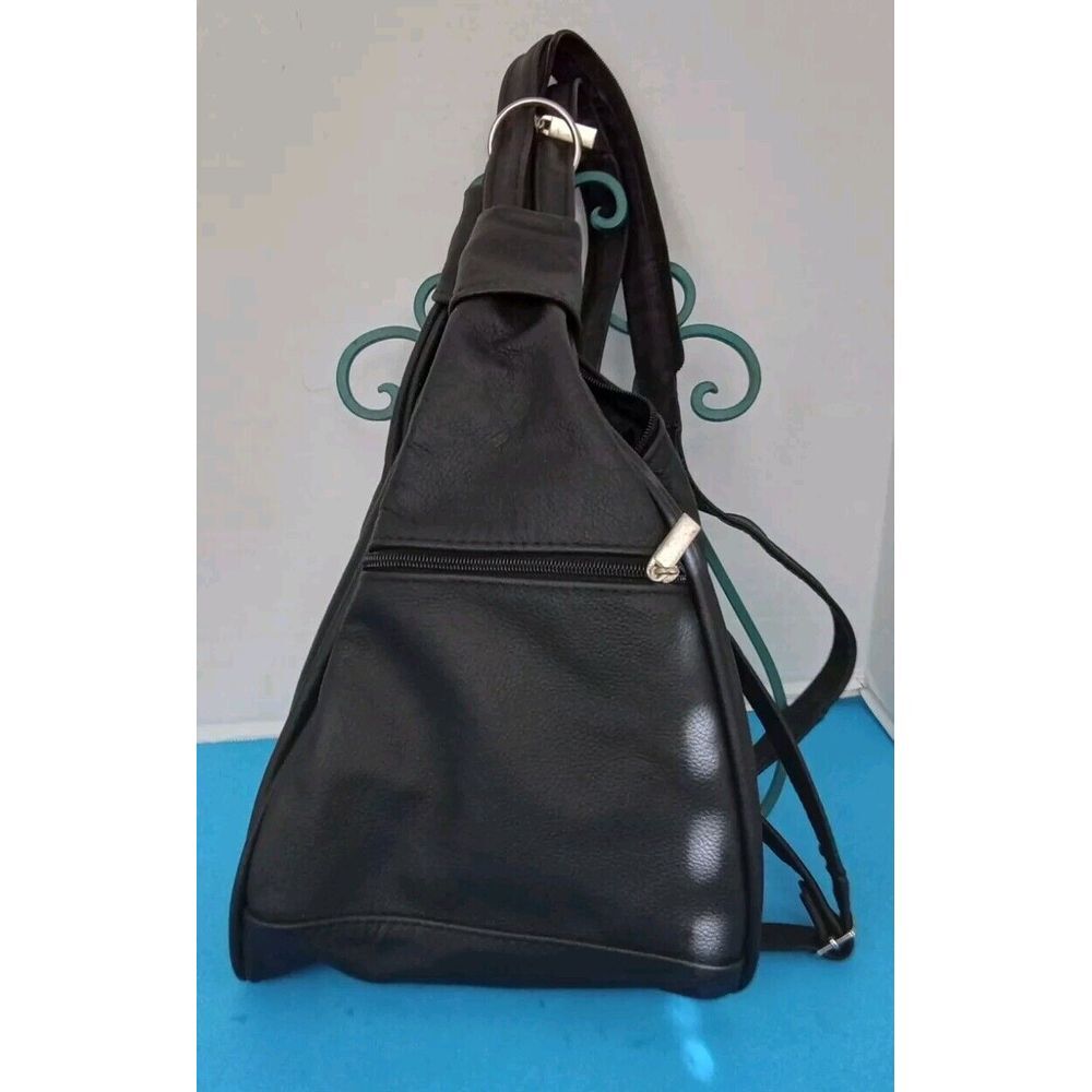Sleek Black Leather‎ Sling Backpack Convertible Crossbody Multiple Compartments